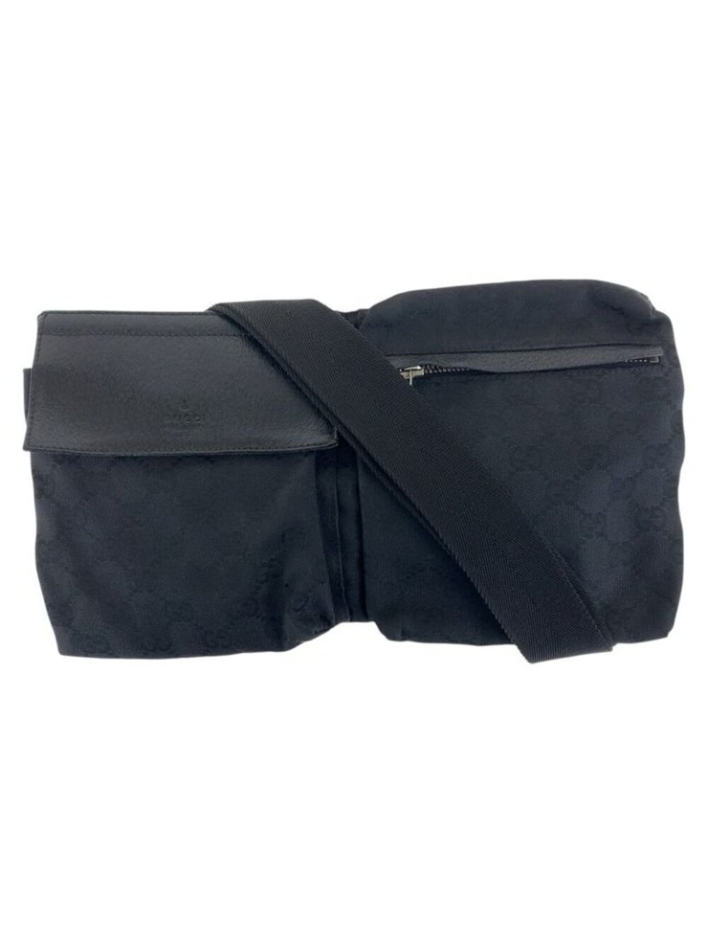 Gucci Black Silver Hardware GG Canvas Leather 28566 Body Bag Waist Pouch